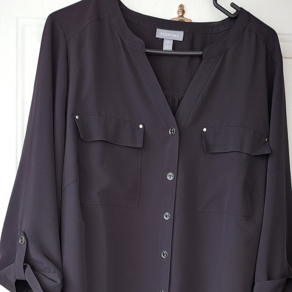 Essentials Black polyester shirt. 100% polyester but feels like silk, size 1X,